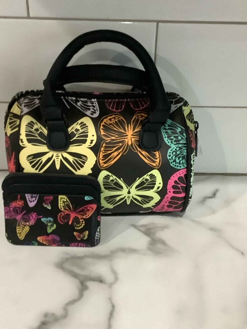 Black Butterfly Print Women’s Satchel Bag with Neon Accents includes card holder